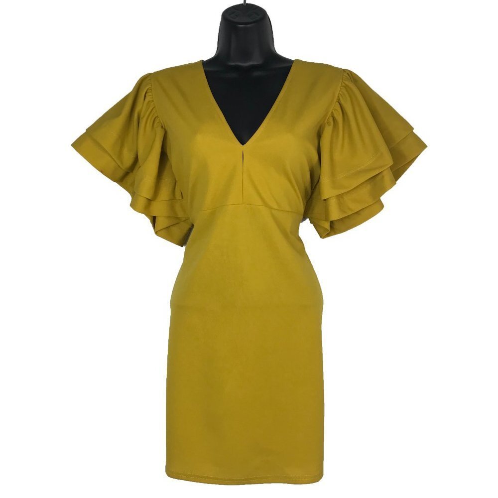 Mustard Yellow V-Neck Dress with Layered Flutter Sleeves